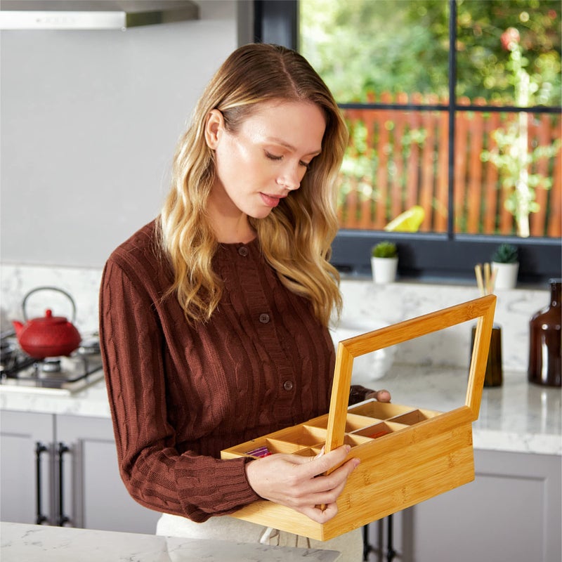 RoyalHouse Big Natural Bamboo Tea Storage Organizer with Clear Acrylic Top Window, 8 Compartments Eco-Friendly Tea Bag Holder, Multi-Functional Storage Box - Image 4
